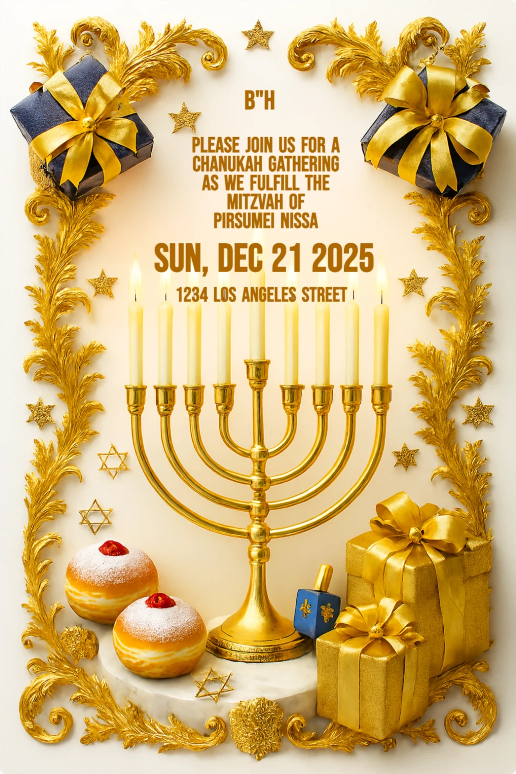 Realistic Hanukkah card with gold menorah, lit candles, marble base, sufganiyot, gift boxes, dreidels, and ornate gold filigree on white background.