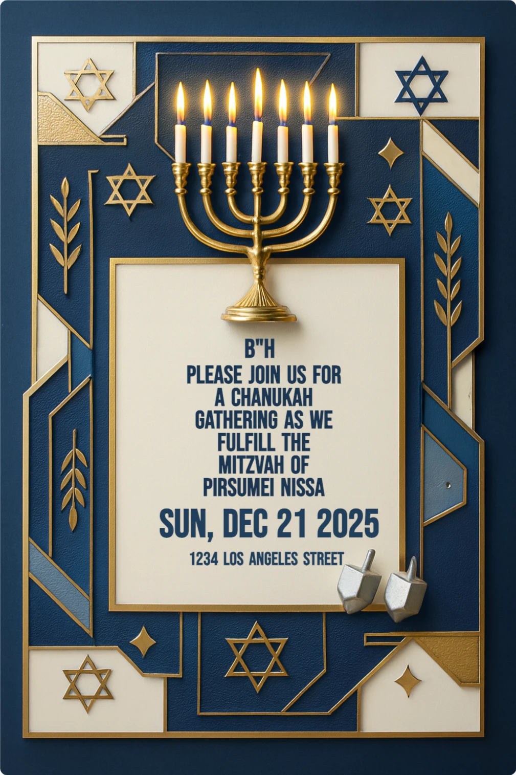 Photorealistic Hanukkah card with golden menorah and nine lit candles on deep blue background, ornate gold border, and empty space for custom text.