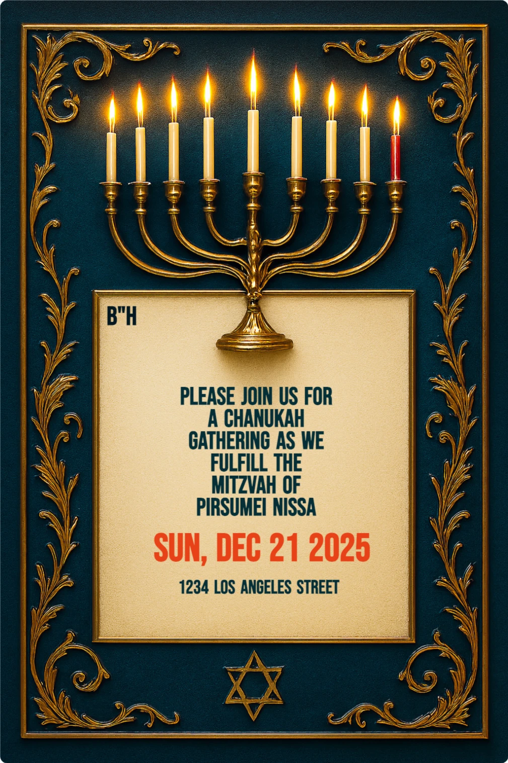 Elegant Hanukkah invitation card with a gold menorah, glowing candles, ornate gold border on a dark blue background, and a blank cream center for text.