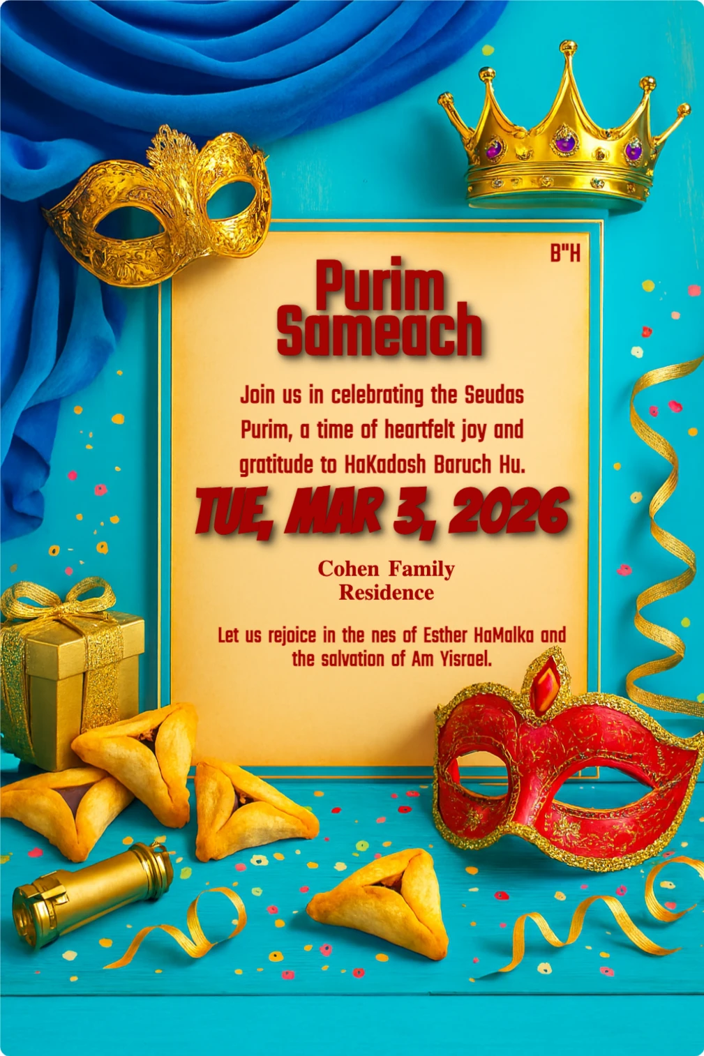 Purim card with gold-bordered parchment, crown, masks, hamantaschen, and festive decorations on blue background