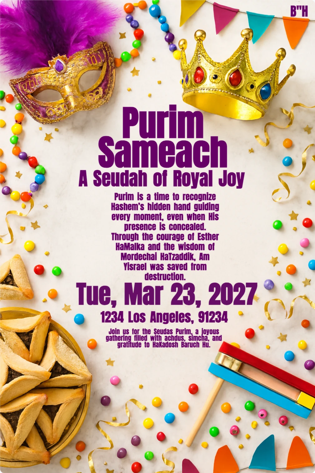 Purim card with crown, feathered mask, hamantaschen, grogger, candy, and confetti on teal background