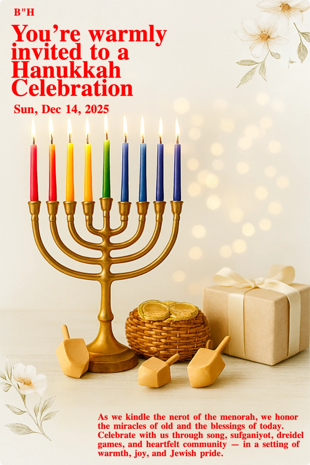 Hanukkah e-card with golden menorah and colorful candles, wooden dreidels, chocolate gelt, and gift box in a warm festive setting.
