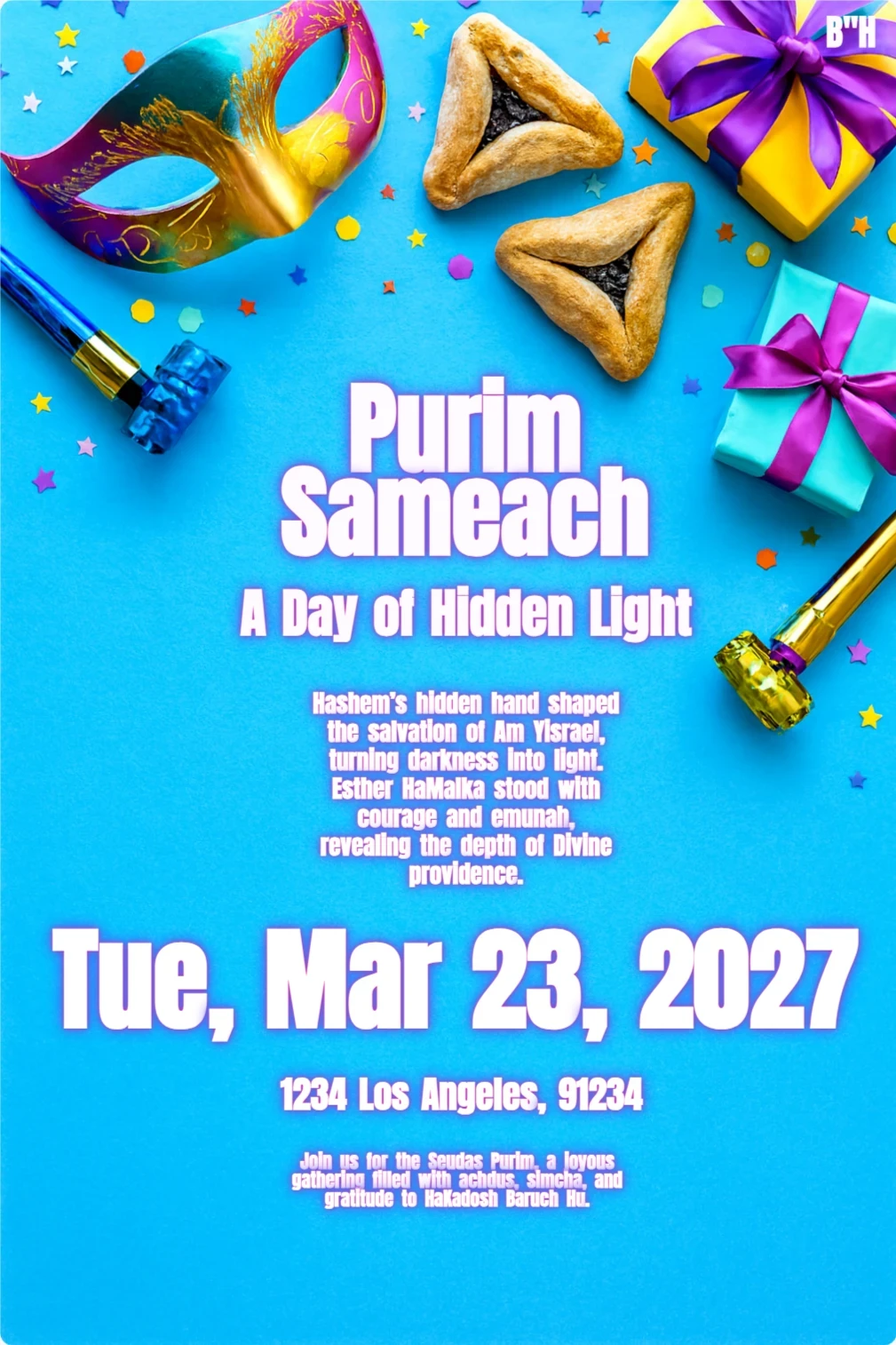 Purim card with colorful mask, hamantaschen, groggers, gift boxes, and confetti on blue background