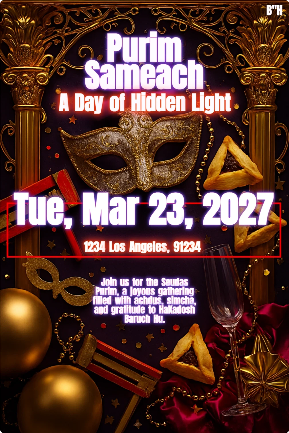 Purim card with gold mask, hamantaschen, groggers, confetti, and festive decorations on purple background