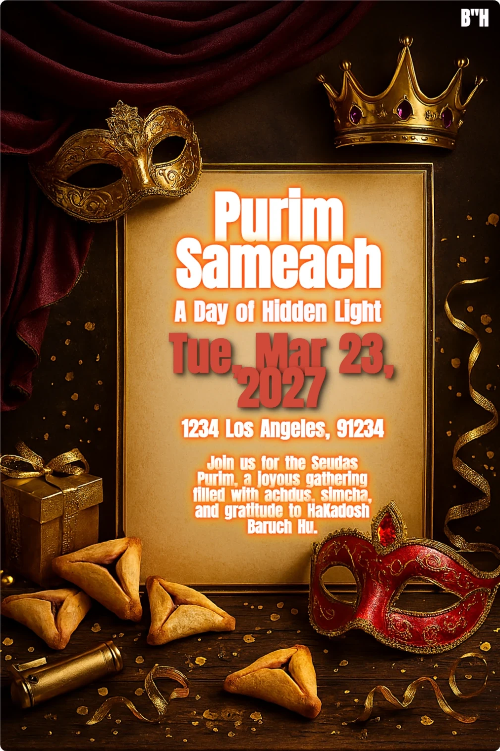 Purim card with gold-framed parchment, crown, masks, hamantaschen, and festive decorations on dark wood background