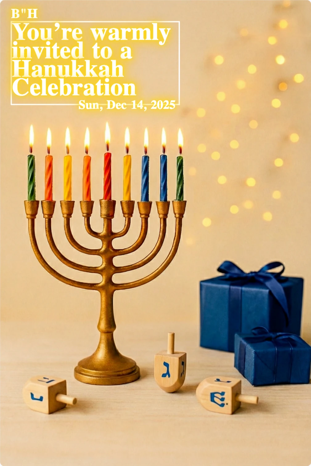 A golden Hanukkah menorah with nine lit colorful candles standing on a table next to two stacked dark blue gifts with ribbons. The background is a warm, soft beige with blurred sparkling fairy lights.
