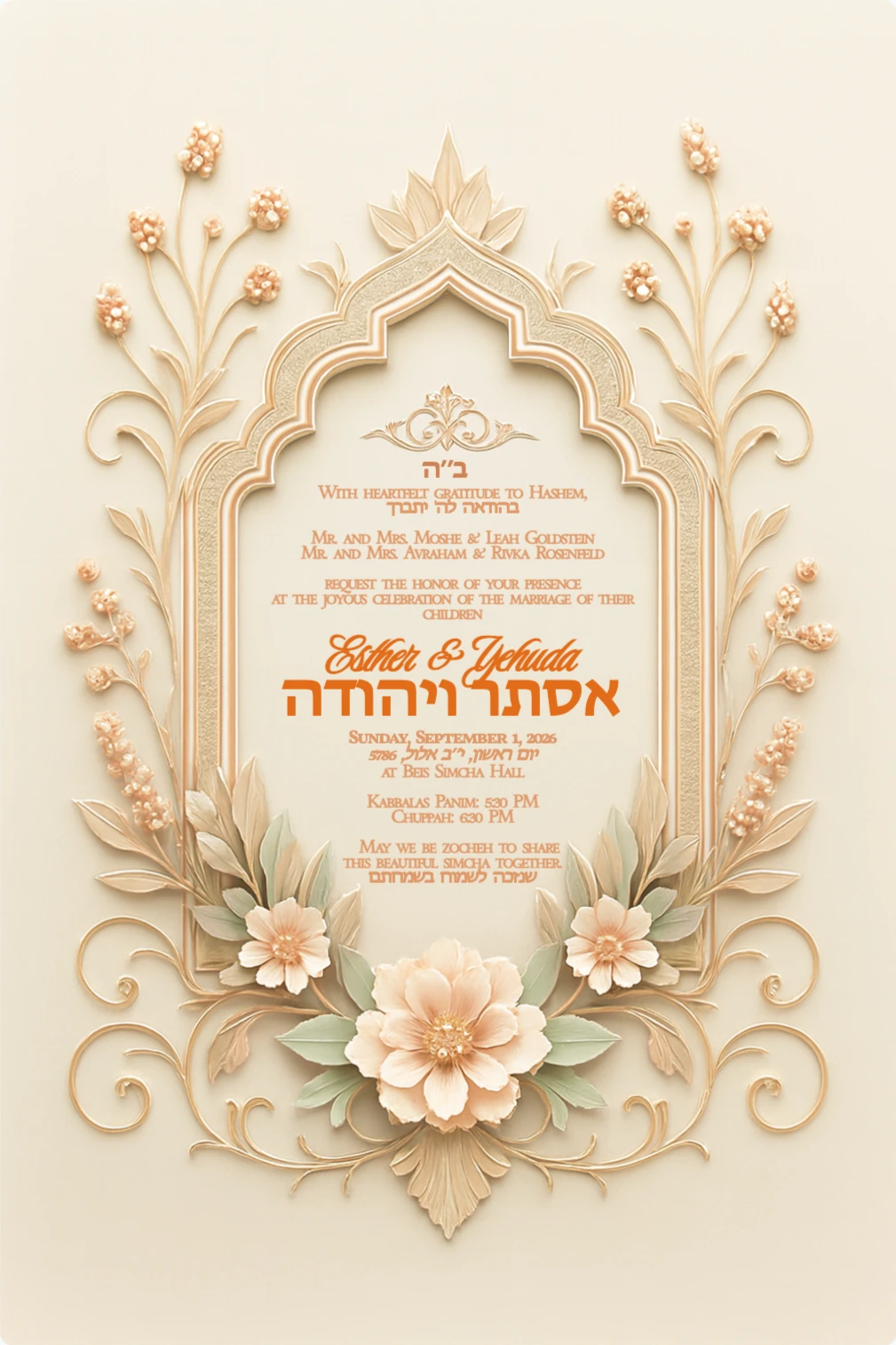 Jewish wedding invitation card with rose gold arch frame, blush floral embellishments, and blank center space in a photorealistic, symmetrical layout.