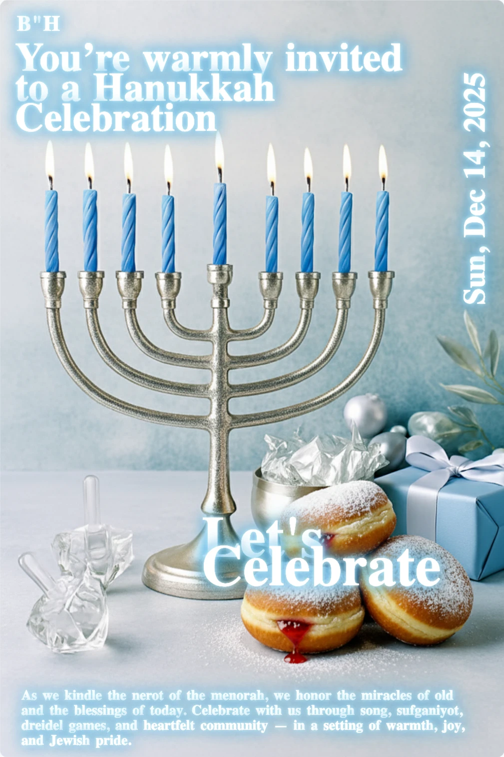A silver Hanukkah menorah with nine lit blue candles stands centrally against a soft, light blue background.