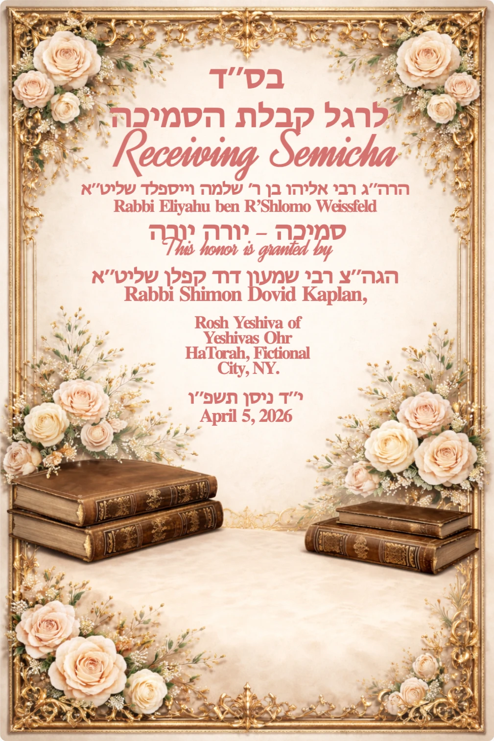 Vintage-style semicha invitation with gold frame, antique books, and soft floral accents on cream background; blank center for text.