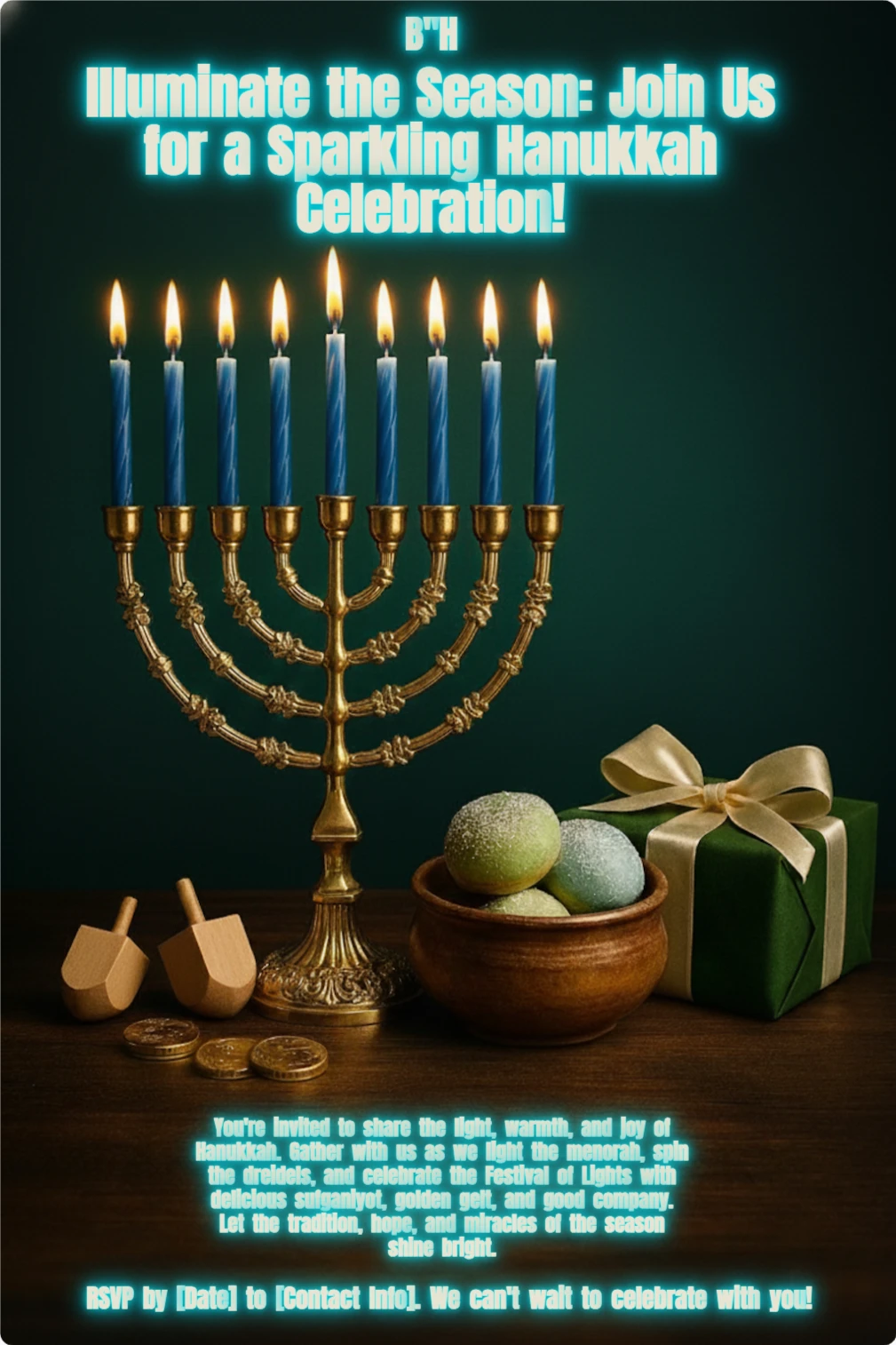 fully lit menorah, gold gelt, wooden dreidels, Hanukkah image, deep green background, Chanukah photo.