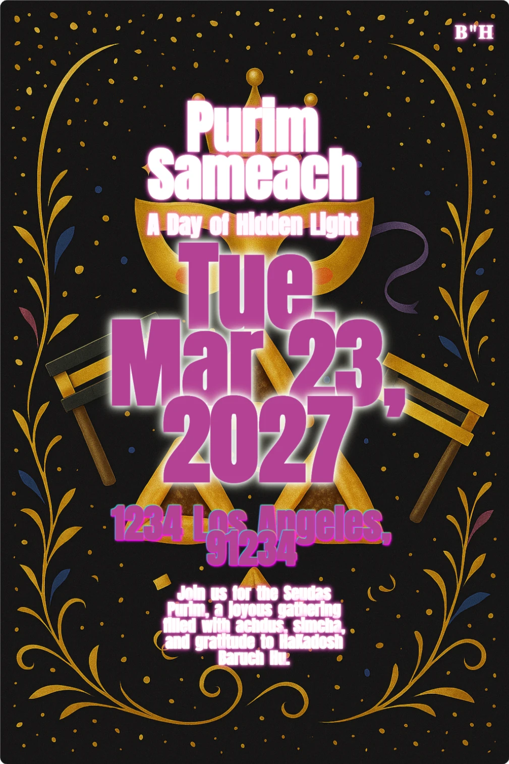 Illustration of Purim holiday symbols: hamantaschen cookies, gold mask, groggers, and crown on a black background