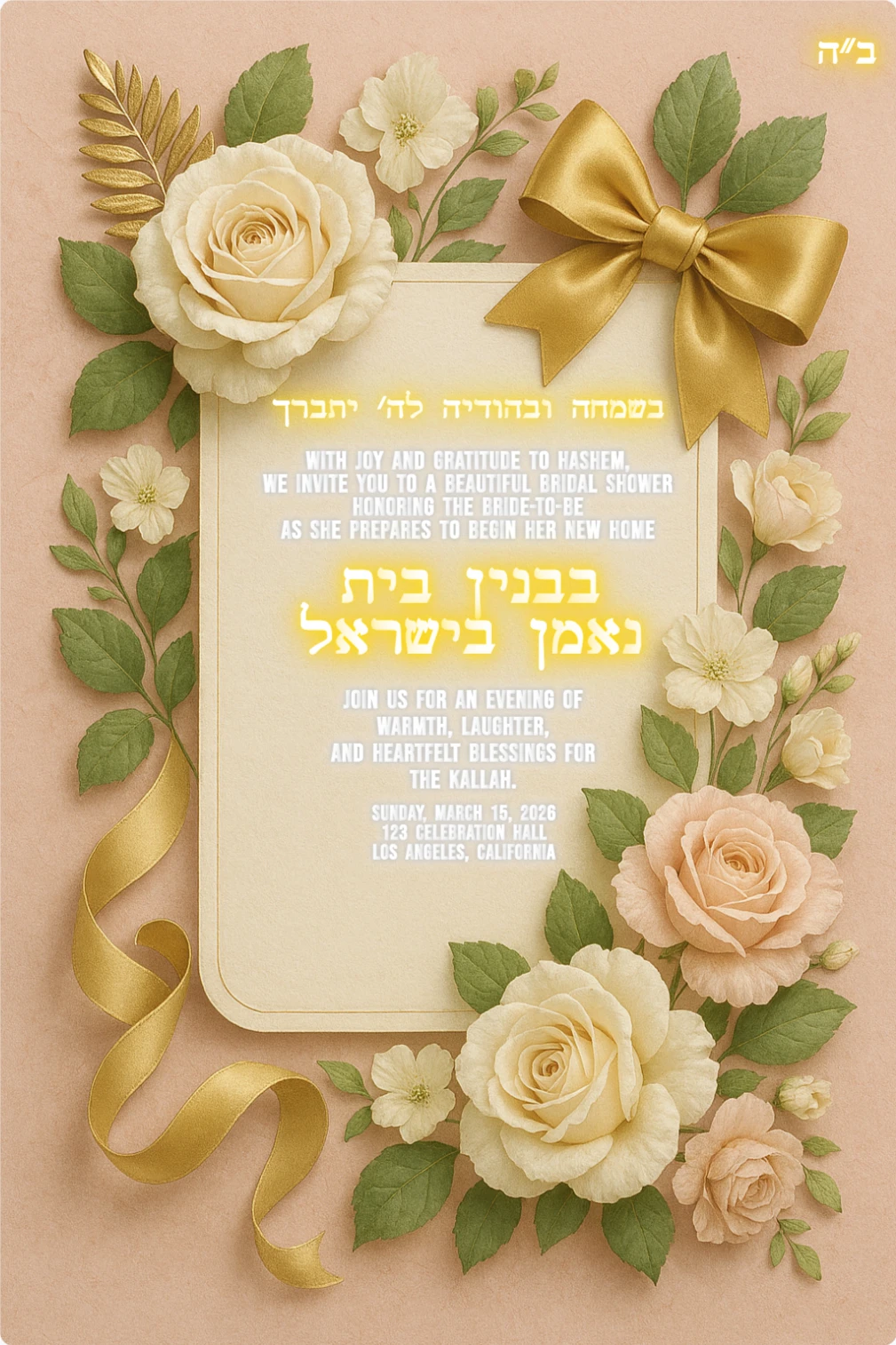 Elegant floral bridal shower invitation card with ivory and blush roses, green leaves, and gold ribbon bow on soft pastel background with blank center space for event details, luxury feminine wedding and bridal shower stationery design.