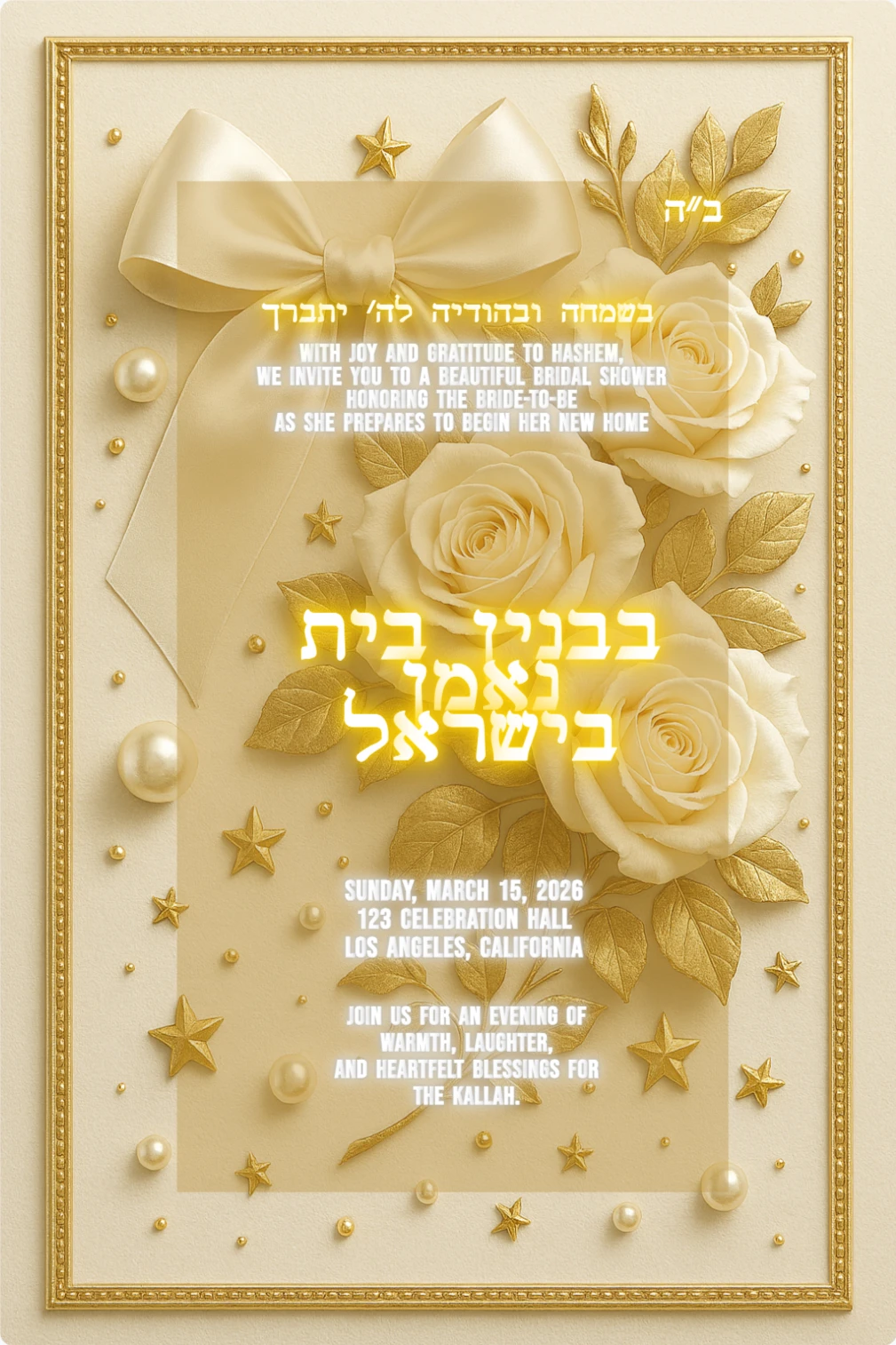 Elegant bridal shower invitation card featuring a gold beaded frame, 3D ivory roses with gold leaves, a large satin bow, and scattered pearls and gold stars on a cream background.