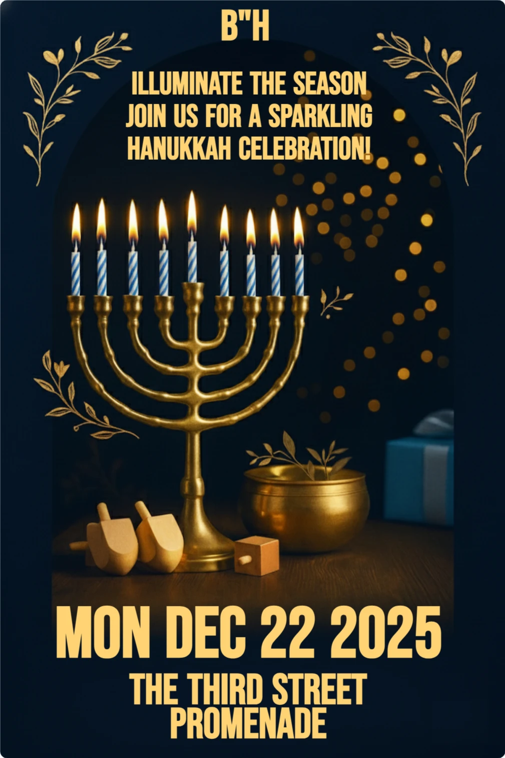 This elegant, high-resolution Hanukkah image features a fully lit, ornate golden menorah with nine blue-striped candles, centered on a dark wooden surface. 